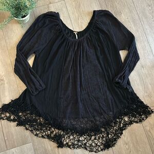 FREE PEOPLE SHEER LONG SLEEVE BLACK TUNIC DRESS COVERUP SIZE SMALL WITH LACE